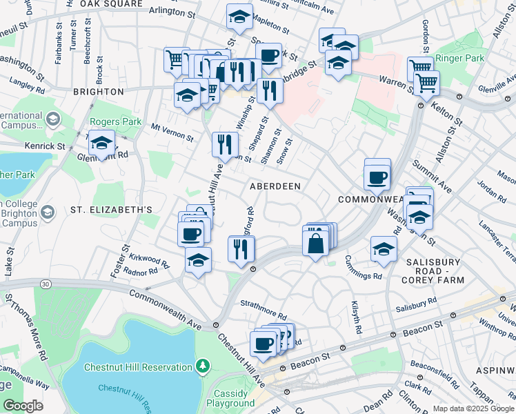 map of restaurants, bars, coffee shops, grocery stores, and more near 57 Wallingford Road in Boston