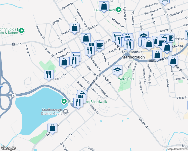 map of restaurants, bars, coffee shops, grocery stores, and more near 10 Gibbon Street in Marlborough