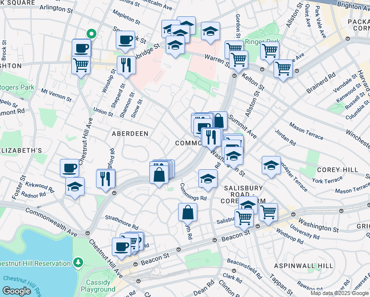 map of restaurants, bars, coffee shops, grocery stores, and more near 18 Claymoss Road in Boston