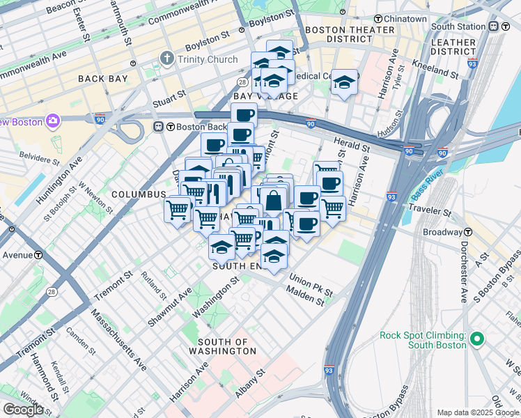 map of restaurants, bars, coffee shops, grocery stores, and more near 3 Hanson Street in Boston