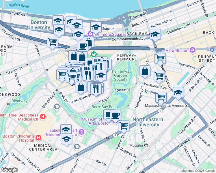 map of restaurants, bars, coffee shops, grocery stores, and more near 35 Park Drive in Boston