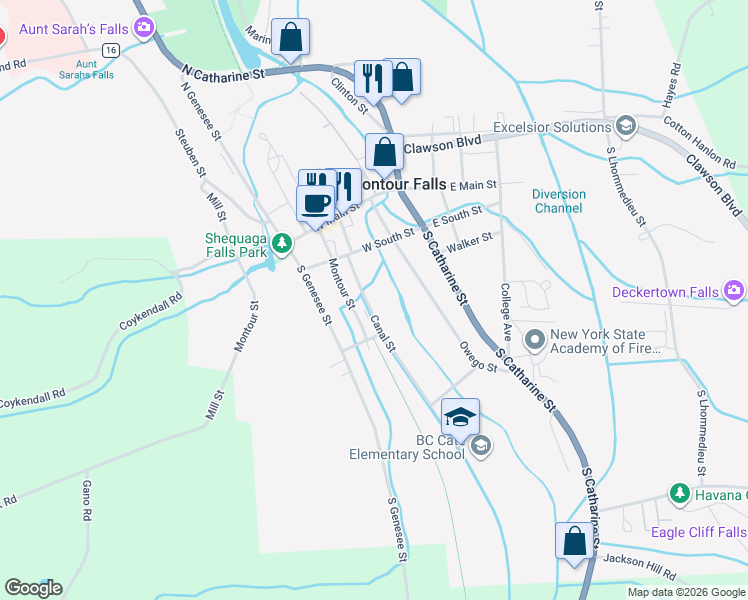 map of restaurants, bars, coffee shops, grocery stores, and more near 214 Canal Street in Montour Falls