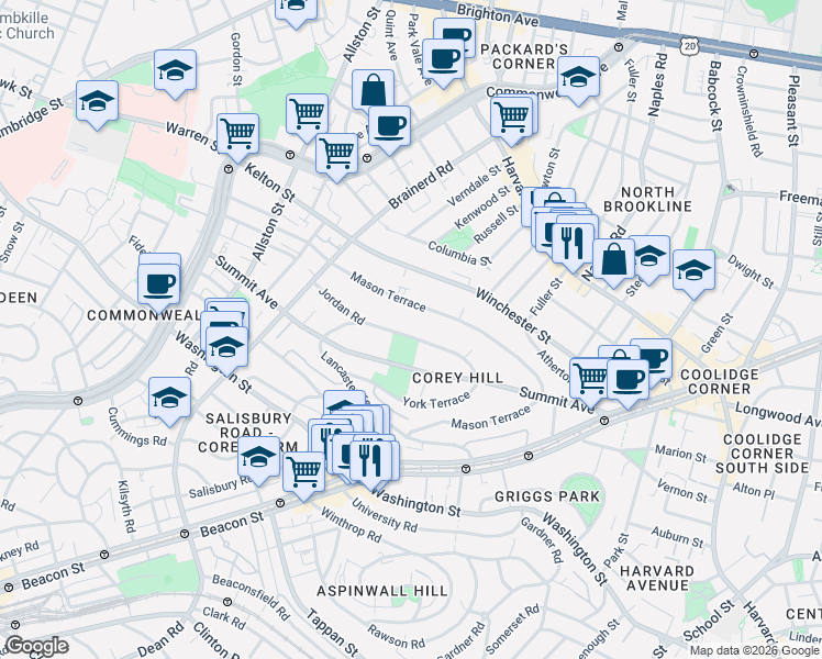 map of restaurants, bars, coffee shops, grocery stores, and more near 71 Jordan Road in Brookline
