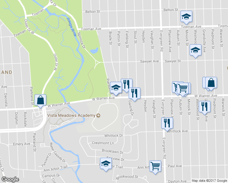 map of restaurants, bars, coffee shops, grocery stores, and more near 7234 Pierson Street in Detroit