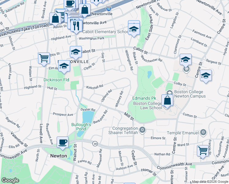 map of restaurants, bars, coffee shops, grocery stores, and more near 240 Upland Road in Newton