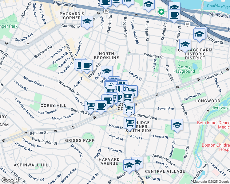 map of restaurants, bars, coffee shops, grocery stores, and more near 9 Babcock Street in Brookline