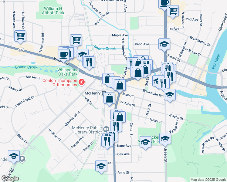map of restaurants, bars, coffee shops, grocery stores, and more near 3931 Main Street in McHenry