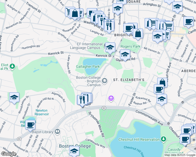 map of restaurants, bars, coffee shops, grocery stores, and more near 90 Lake Street in Boston
