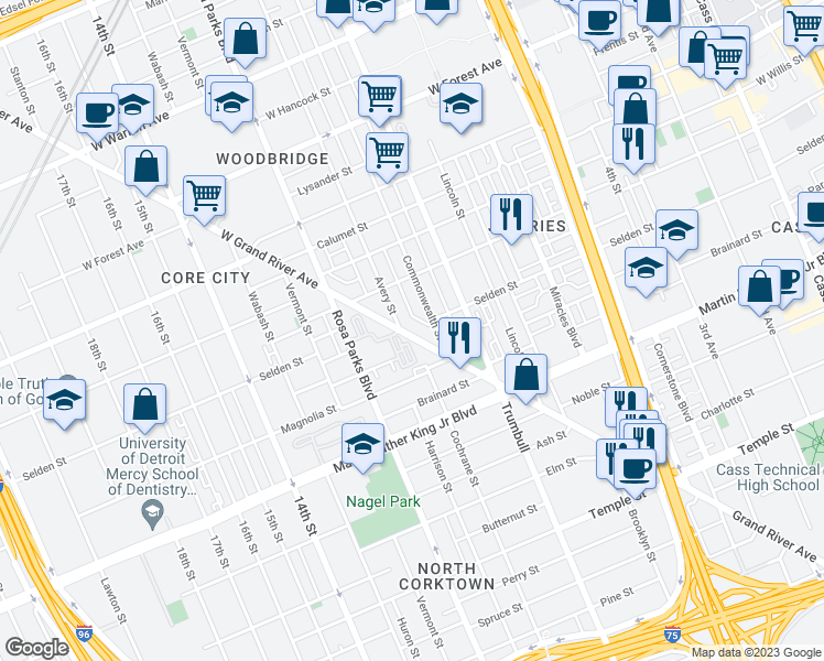 map of restaurants, bars, coffee shops, grocery stores, and more near 3820 Grand River Avenue in Detroit
