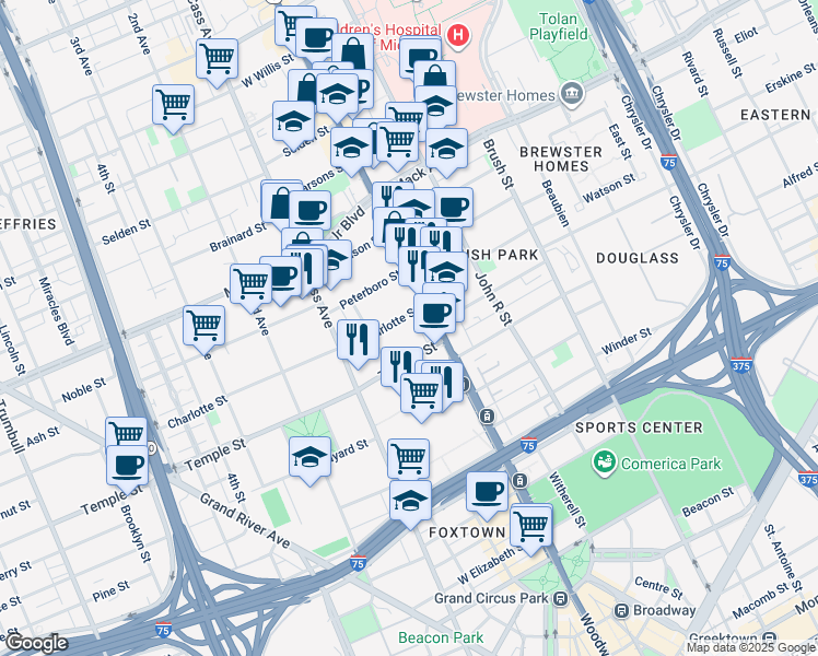 map of restaurants, bars, coffee shops, grocery stores, and more near 35 Charlotte Street in Detroit