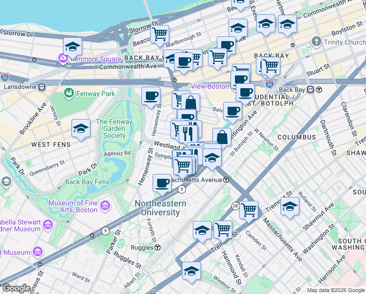 map of restaurants, bars, coffee shops, grocery stores, and more near in Boston