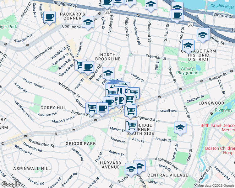 map of restaurants, bars, coffee shops, grocery stores, and more near 301 Harvard Street in Brookline