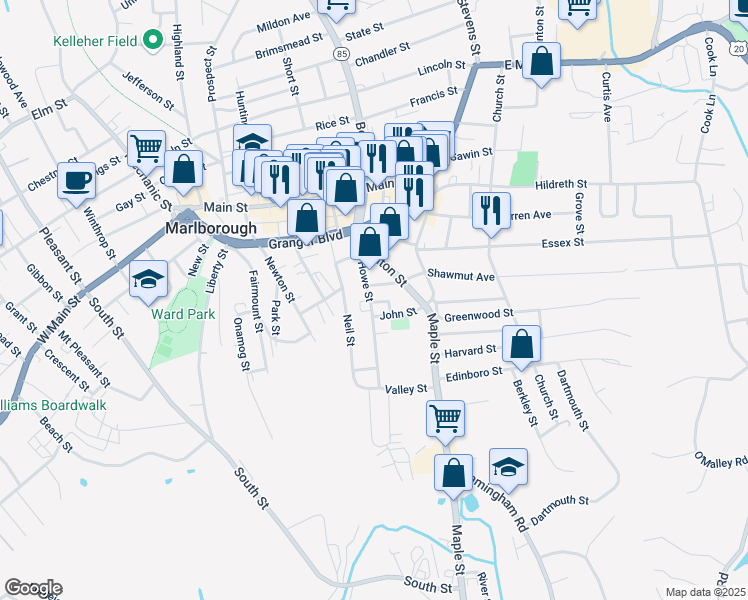map of restaurants, bars, coffee shops, grocery stores, and more near 100 Howe Street in Marlborough
