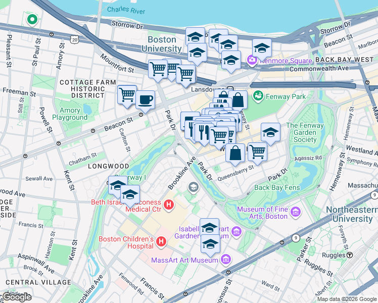 map of restaurants, bars, coffee shops, grocery stores, and more near in Boston