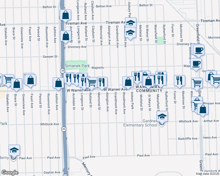 map of restaurants, bars, coffee shops, grocery stores, and more near 16800 West Warren Avenue in Detroit