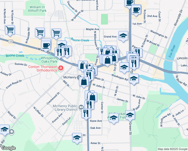 map of restaurants, bars, coffee shops, grocery stores, and more near 3816 Main Street in McHenry