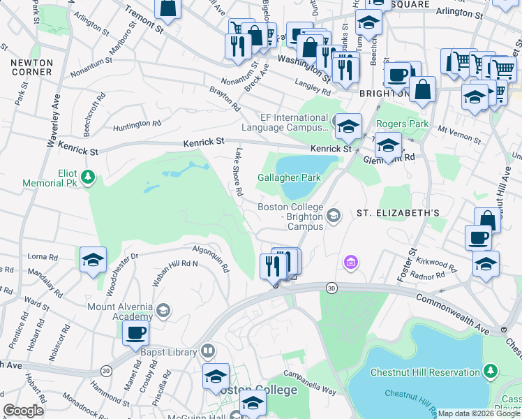 map of restaurants, bars, coffee shops, grocery stores, and more near 116 Lake Shore Road in Boston