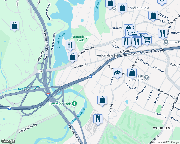 map of restaurants, bars, coffee shops, grocery stores, and more near 43 Johnson Place in Newton