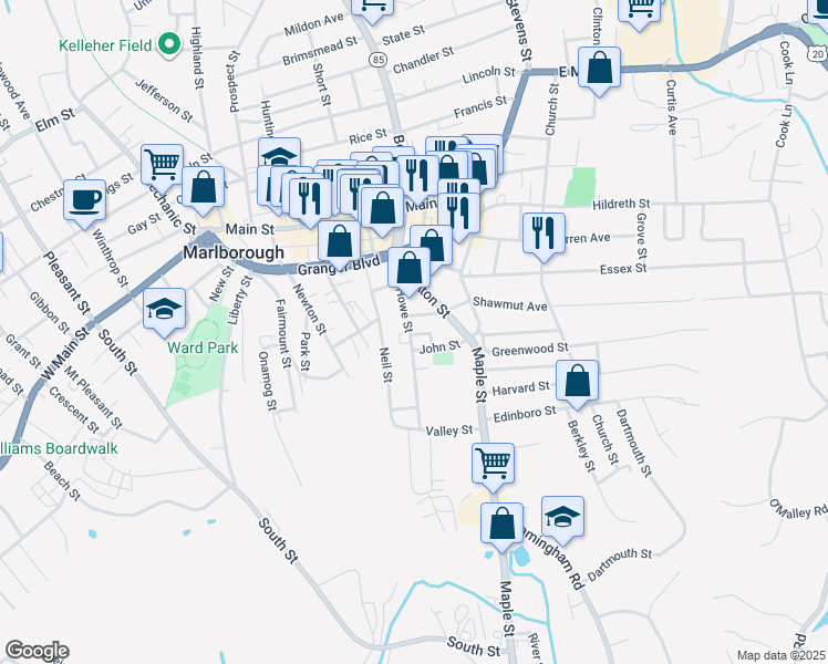 map of restaurants, bars, coffee shops, grocery stores, and more near 99 Howe Street in Marlborough
