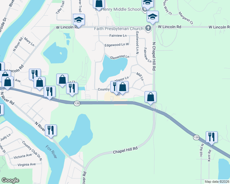 map of restaurants, bars, coffee shops, grocery stores, and more near 2311 Country Lane in McHenry