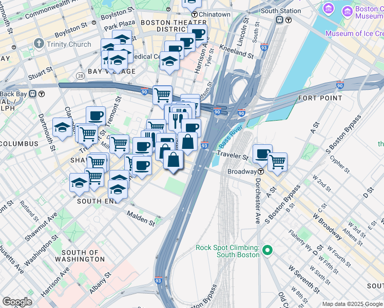 map of restaurants, bars, coffee shops, grocery stores, and more near 55 Traveler Street in Boston