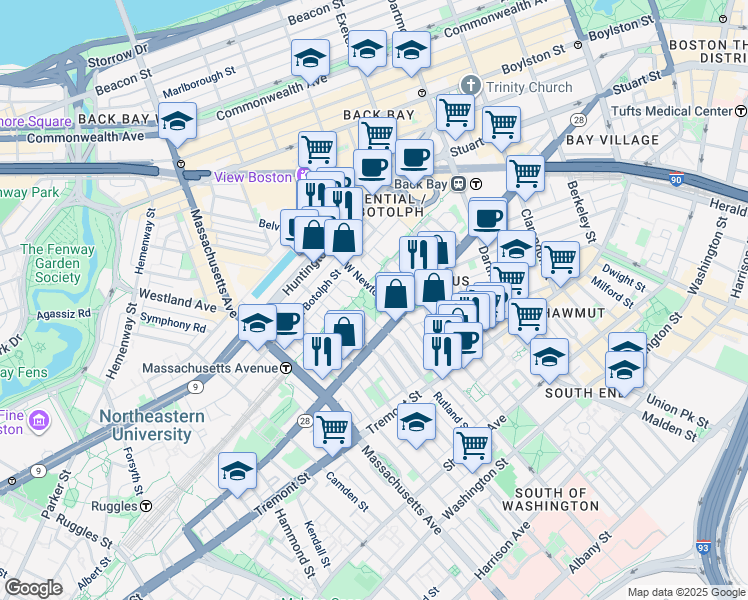 map of restaurants, bars, coffee shops, grocery stores, and more near 75 West Rutland Square in Boston