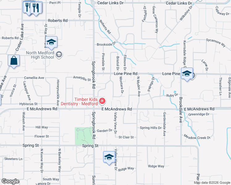 map of restaurants, bars, coffee shops, grocery stores, and more near 2651 Montara Drive in Medford