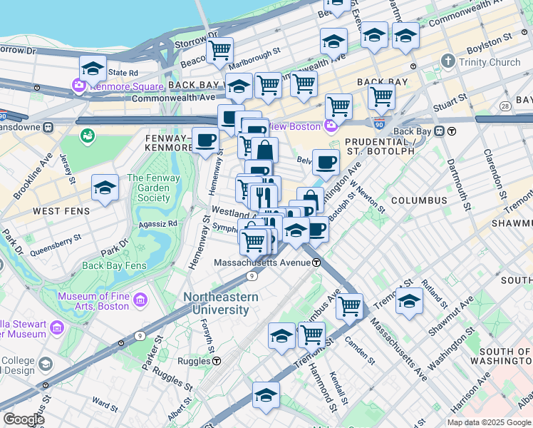 map of restaurants, bars, coffee shops, grocery stores, and more near in Boston