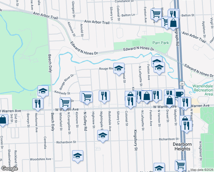 map of restaurants, bars, coffee shops, grocery stores, and more near 7402 Robindale Avenue in Dearborn Heights