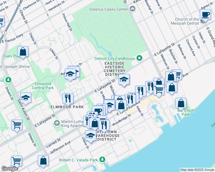 map of restaurants, bars, coffee shops, grocery stores, and more near 3168 East Lafayette Street in Detroit