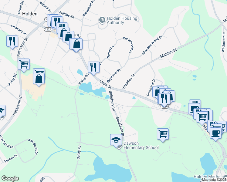 map of restaurants, bars, coffee shops, grocery stores, and more near 20 Salisbury Street in Holden