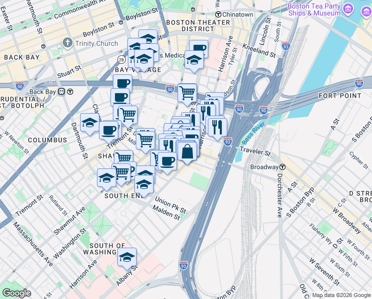 map of restaurants, bars, coffee shops, grocery stores, and more near 117 East Berkeley Street in Boston