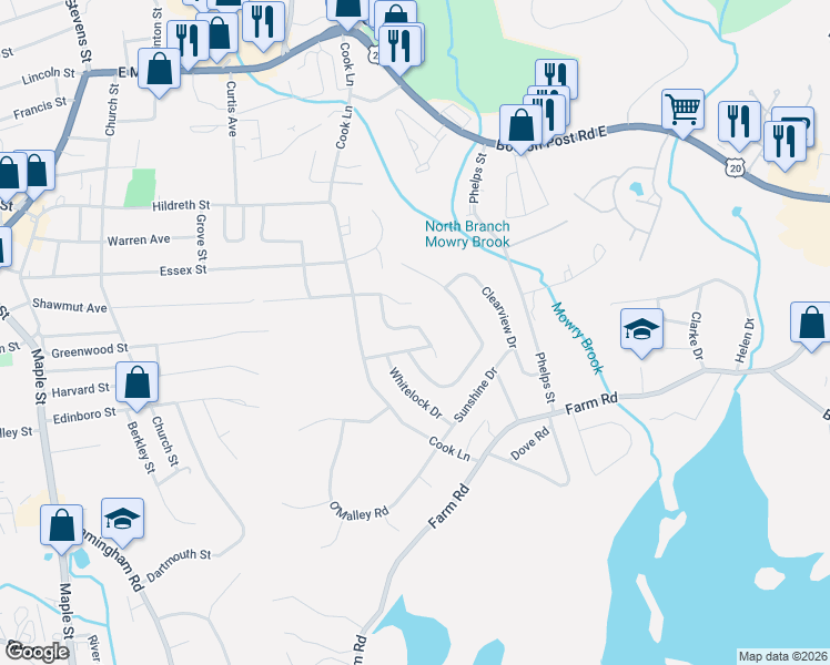 map of restaurants, bars, coffee shops, grocery stores, and more near 74 Robin Hood Road in Marlborough
