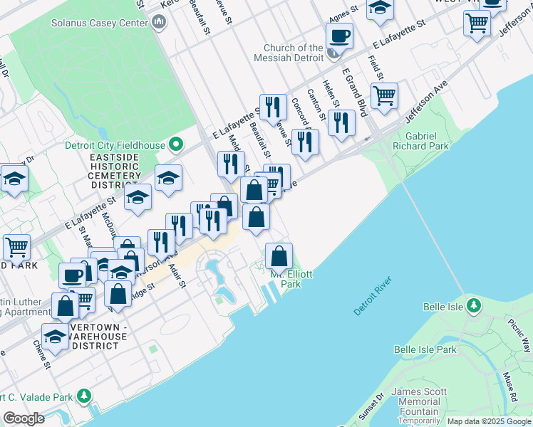map of restaurants, bars, coffee shops, grocery stores, and more near 6400 East Jefferson Avenue in Detroit