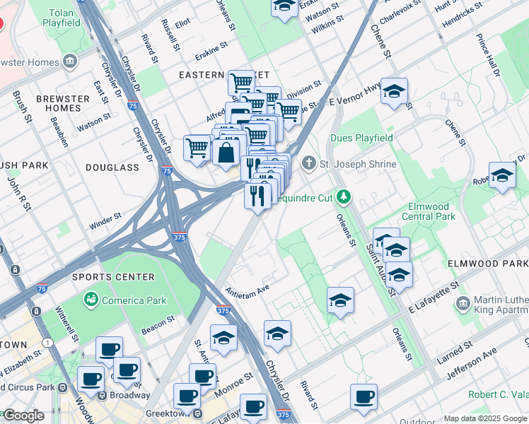 map of restaurants, bars, coffee shops, grocery stores, and more near in Detroit