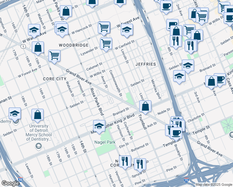 map of restaurants, bars, coffee shops, grocery stores, and more near 3810 Grand River Ave in Detroit