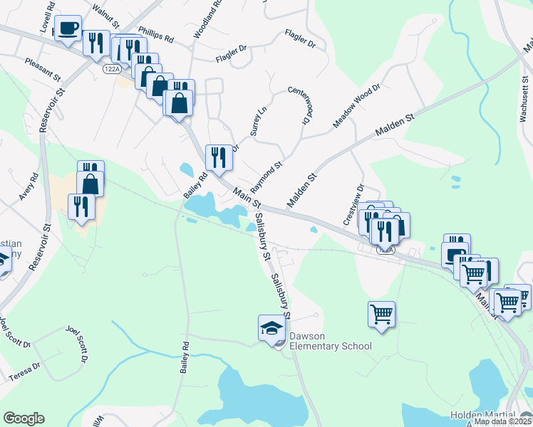 map of restaurants, bars, coffee shops, grocery stores, and more near 925 Main Street in Holden