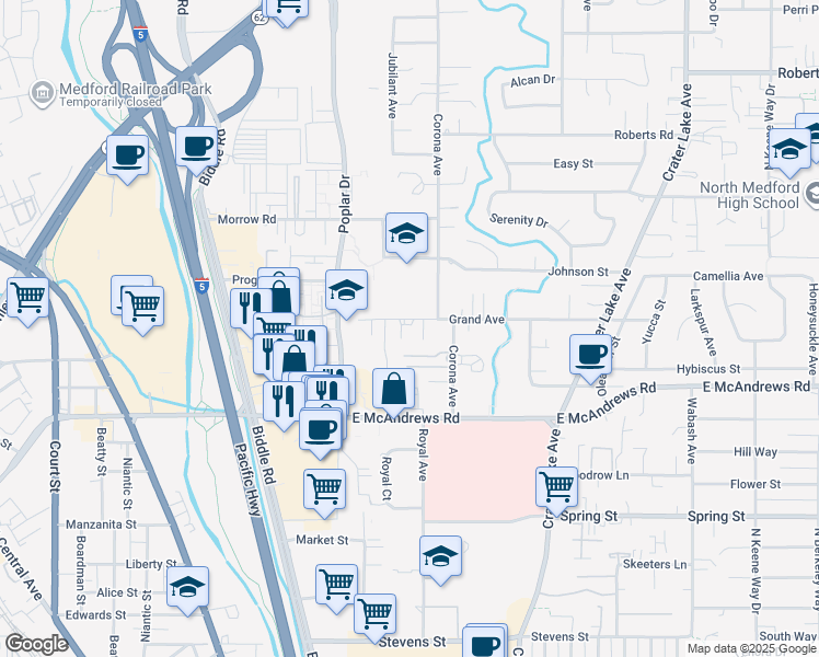 map of restaurants, bars, coffee shops, grocery stores, and more near 1438 Grand Avenue in Medford