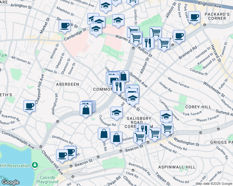 map of restaurants, bars, coffee shops, grocery stores, and more near Commonwealth Avenue & Washington St in Boston