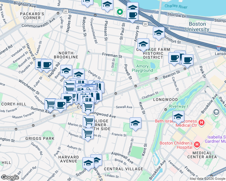map of restaurants, bars, coffee shops, grocery stores, and more near 3 James Street in Brookline
