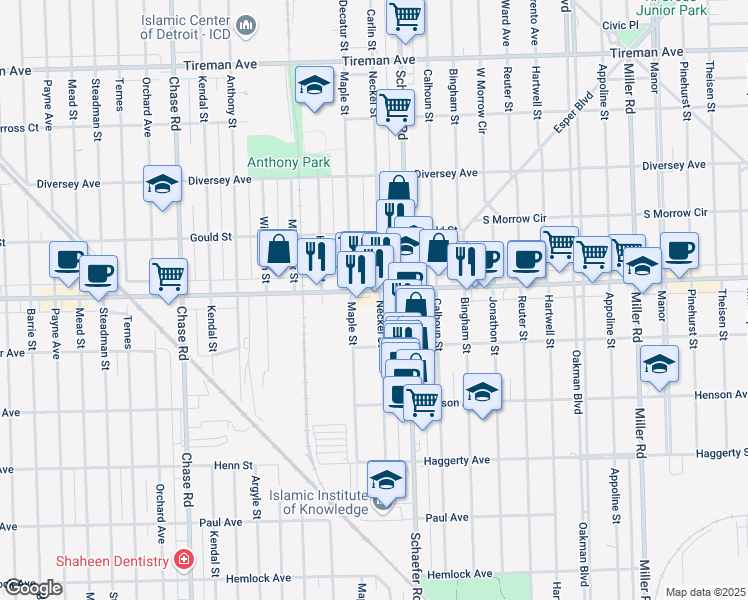 map of restaurants, bars, coffee shops, grocery stores, and more near 7129 Neckel Street in Dearborn