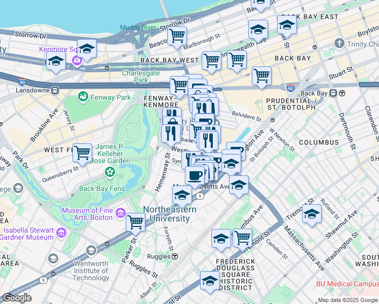 map of restaurants, bars, coffee shops, grocery stores, and more near 29 Symphony Road in Boston