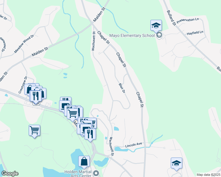 map of restaurants, bars, coffee shops, grocery stores, and more near 182 Wachusett Street in Holden