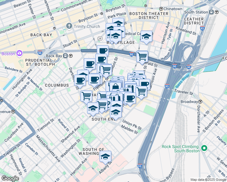 map of restaurants, bars, coffee shops, grocery stores, and more near in Boston