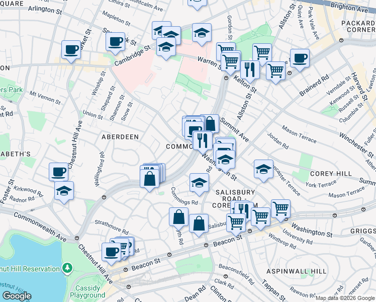 map of restaurants, bars, coffee shops, grocery stores, and more near 1619 Commonwealth Avenue in Boston