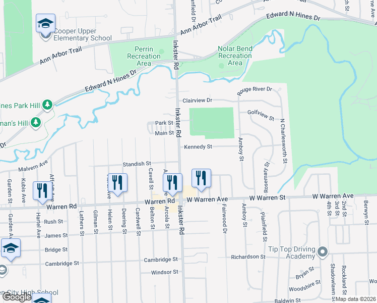 map of restaurants, bars, coffee shops, grocery stores, and more near 27321 Kennedy Street in Dearborn Heights