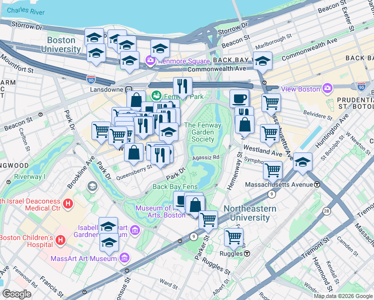 map of restaurants, bars, coffee shops, grocery stores, and more near 84 Park Drive in Boston