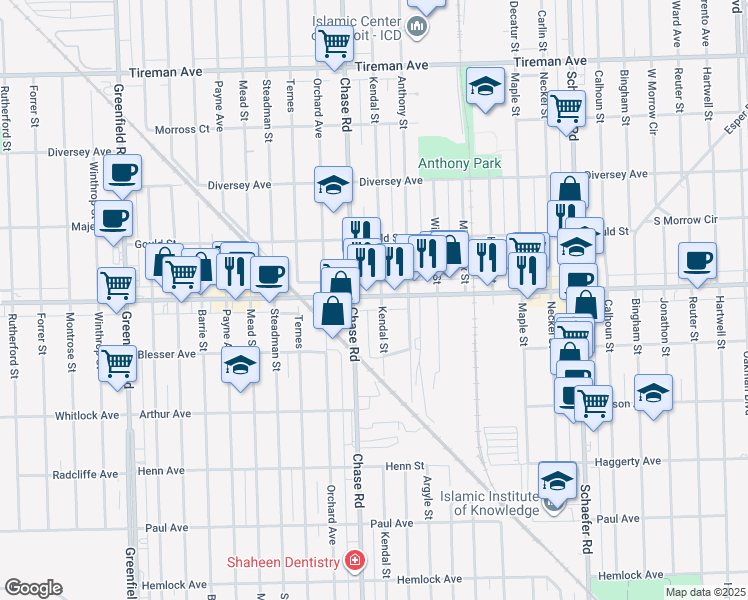 map of restaurants, bars, coffee shops, grocery stores, and more near 14507 West Warren Avenue in Dearborn