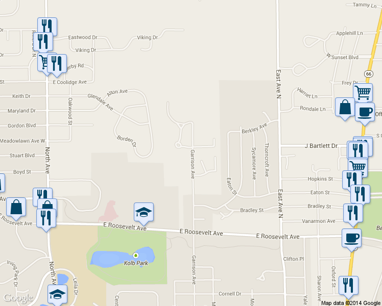 map of restaurants, bars, coffee shops, grocery stores, and more near 600 Garrison Avenue in Battle Creek