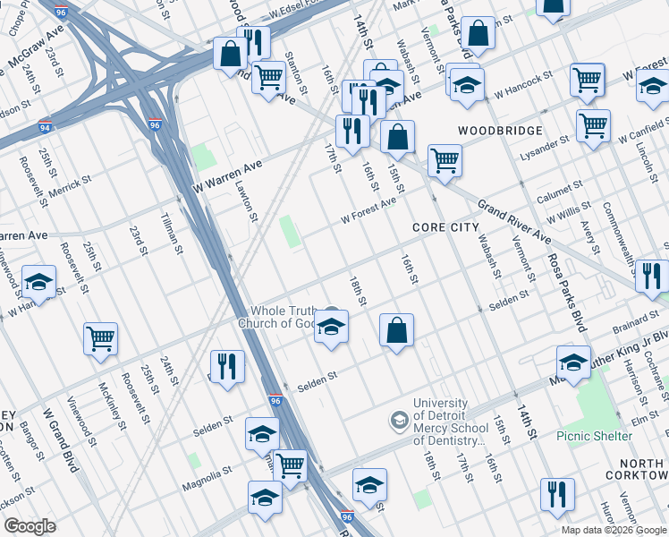 map of restaurants, bars, coffee shops, grocery stores, and more near 2632 Buchanan Street in Detroit